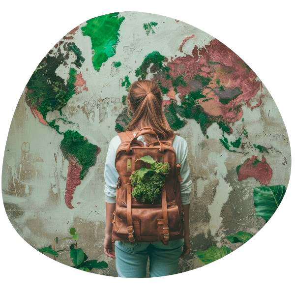 Chica delante de un mapa mundi sostenible.